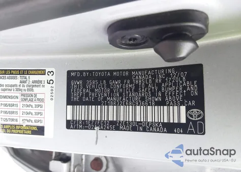 2008 Toyota Corolla S from USA, damaged, VIN 2T1BR32E68C936618